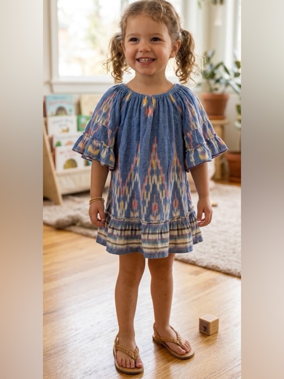 Cleobella Littles Ikat Boho Flutter Sleeve Cotton Tiered Dress Blue Multicolor 3